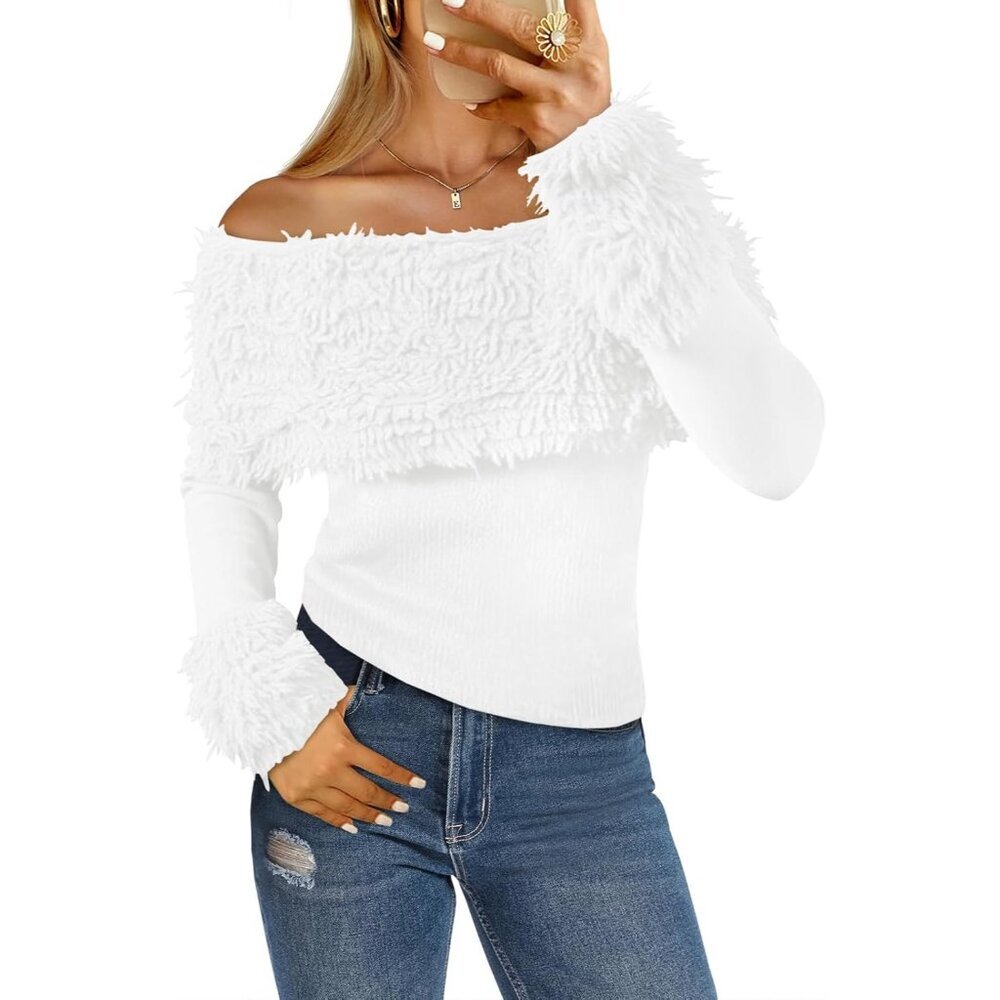 Womens Off Shoulder Sweater Knit Long Sleeve Fringe Fitted Fall Date Night